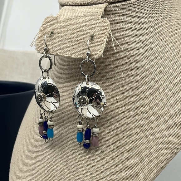 90's Handmade Sterling Silver Shell Drop Earrings with Beaded Accents - Picture 6 of 17